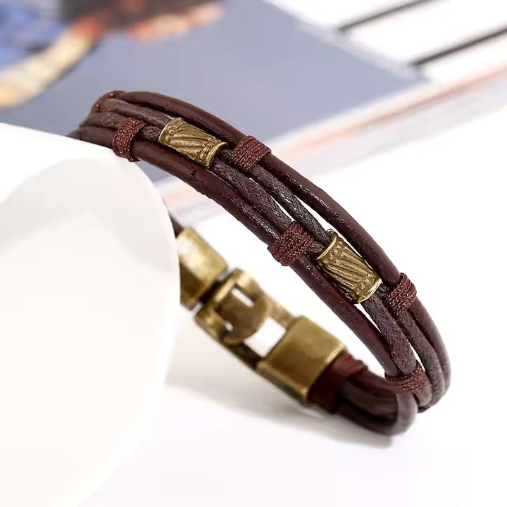 WANDERER’S CUFF - Vintage Brown Genuine Braided Leather Bracelet Set for Men & Boys (8 inch)