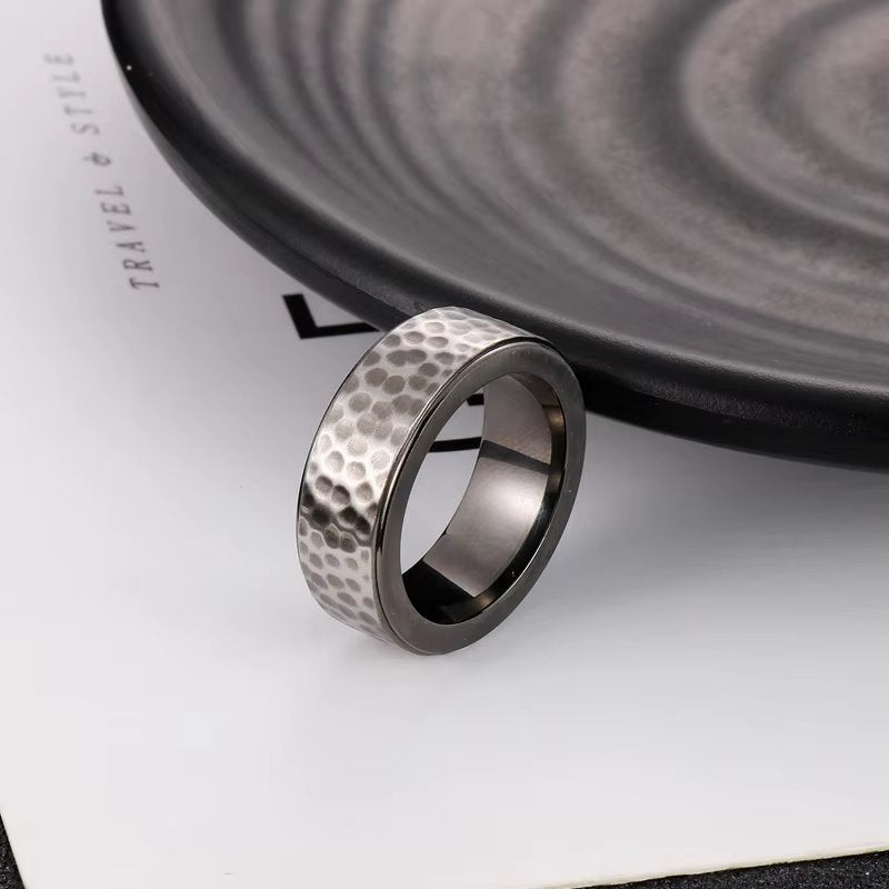 BLACK TITANIUM HAMMERED RING - Silver Ring - Pure Titanium Steel Ring for Men Size - 21