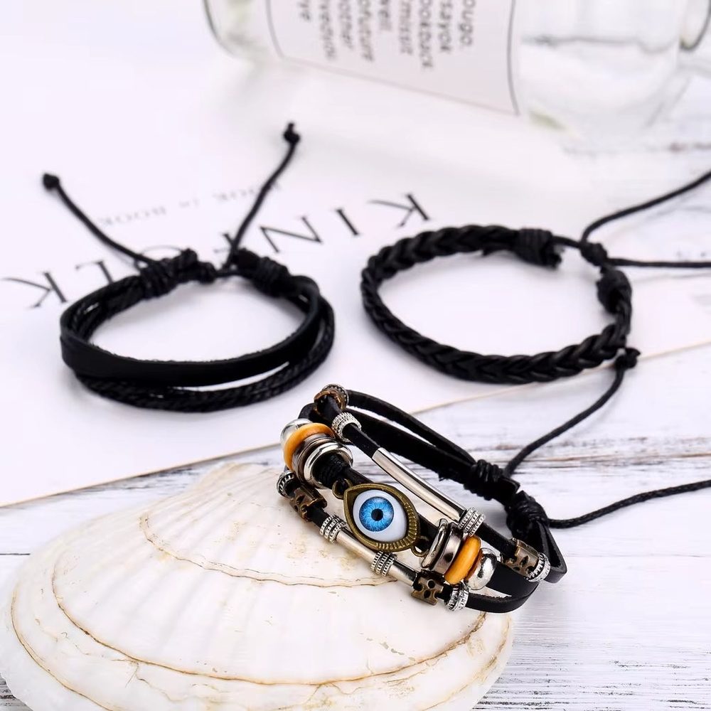 ECLIPSE EYE LEATHER BRACELET - 3 Pcs Genuine Braided Leather Bracelet Set for Men & Boys (8 inch)