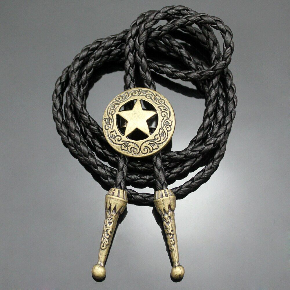 STELLAR STAR - Retro Alloy Pendant Bolo Tie | Adjustable Genuine Leather Cowboy Necktie Necklace for Men & Boys
