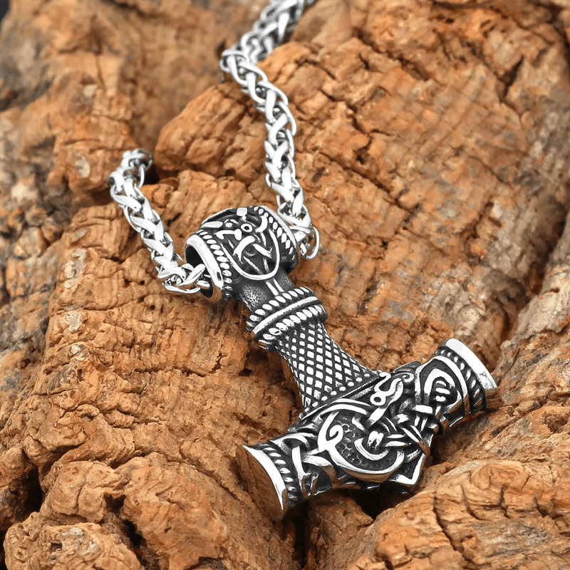 VIKING NORSE GOD HAMMER SILVER  - Pure Titanium Steel Necklace with 24 inch Chain for Men & Boys