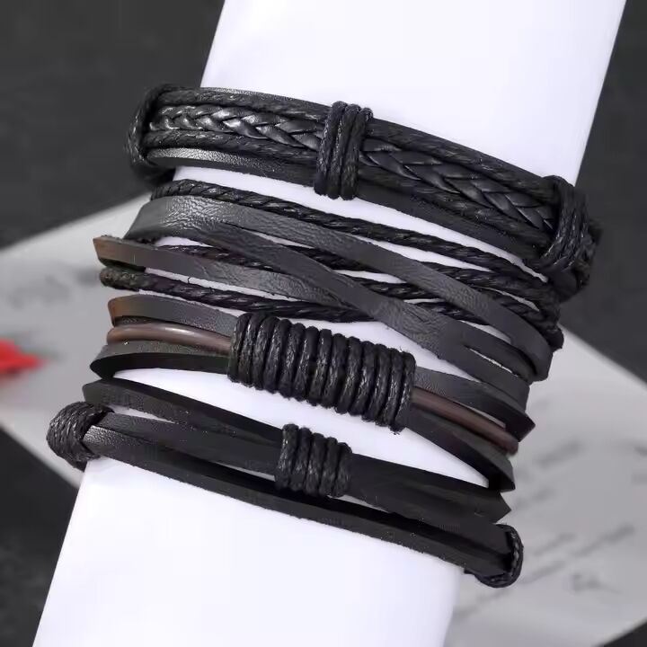 JET BRAIDED -  4 Pcs Genuine Braided Leather Bracelet Set for Men & Boys (8 inch)