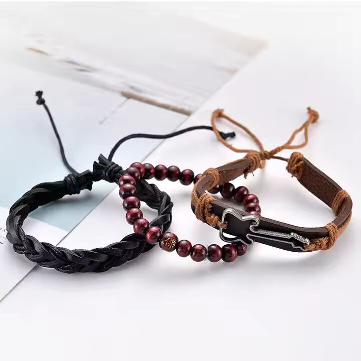 GUITARBOUND -  3 Pcs Genuine Braided Leather Bracelet Set for Men & Boys (8 inch)