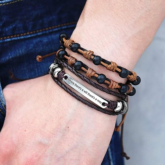 DESTINY WRAP - 2 Pcs Genuine Braided Leather Bracelet Set for Men & Boys (8 inch)