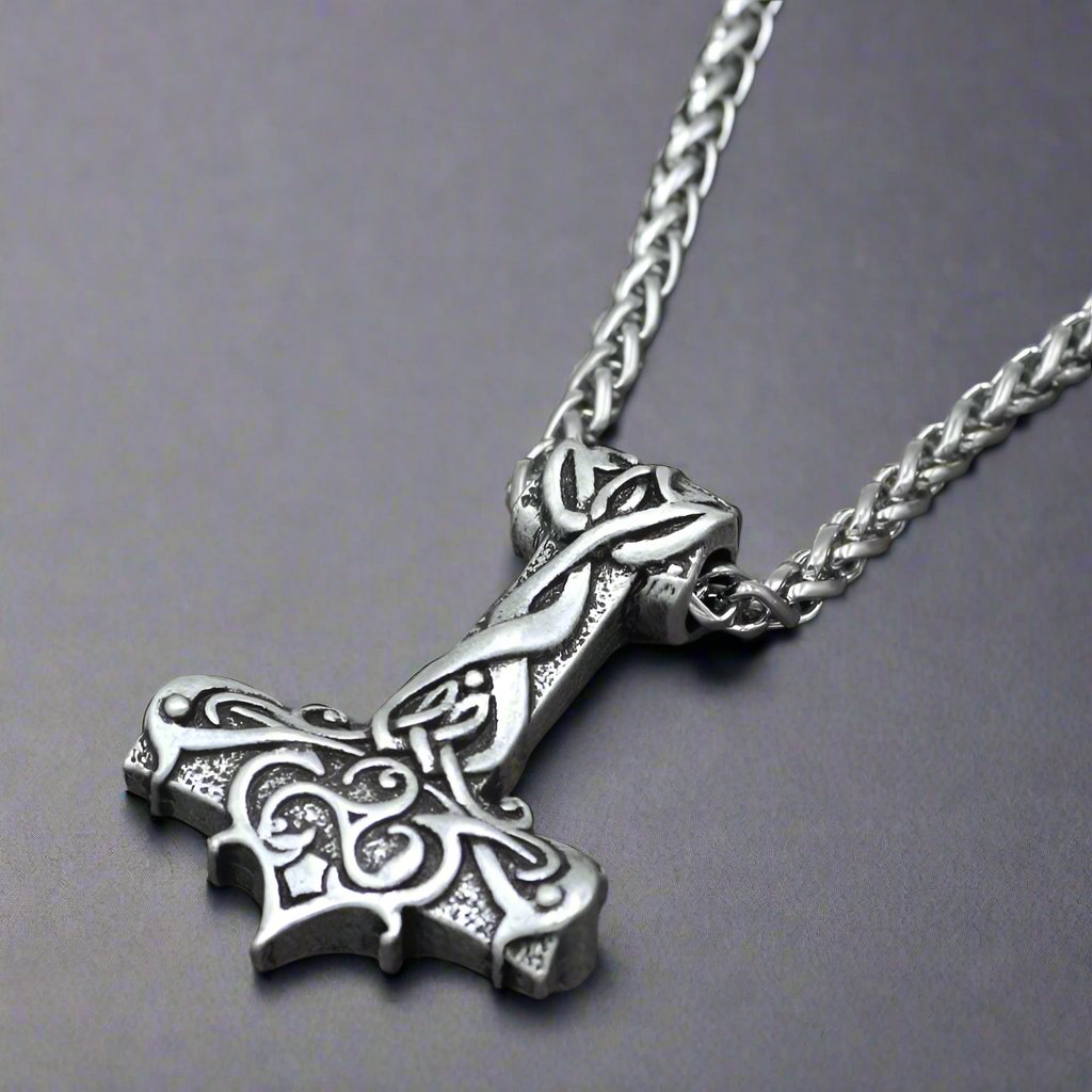 VIKING RUNES THOR HAMMER SILVER  - Pure Titanium Steel Necklace with 24 inch Chain for Men & Boys