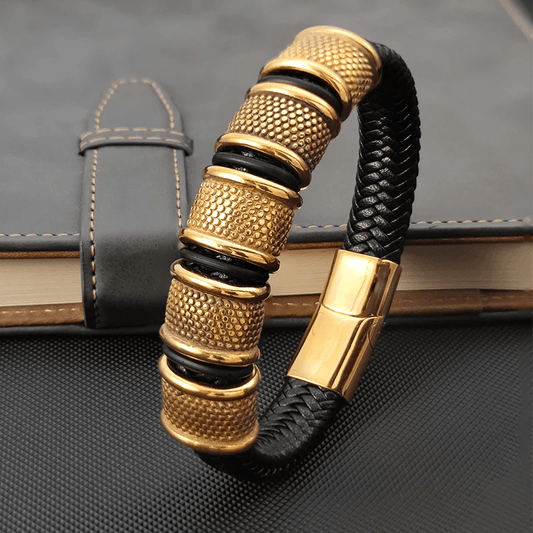 KAIROS RADIANT GOLD - Genuine Leather Braided Bracelet with Stainless Steel Magnetic Buckle for Men & Boys (8 inch)