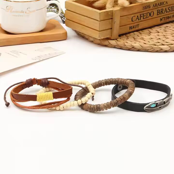 TRIBAL FEATHER STACK -  4 Pcs Genuine Braided Leather Bracelet Set for Men & Boys (8 inch)