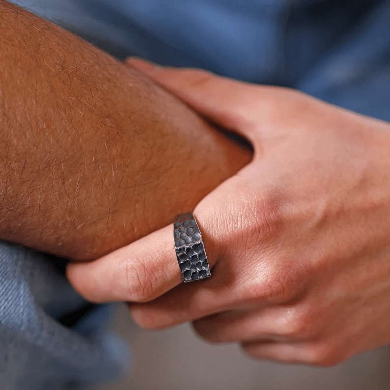 WARLORD BLACK HAMMERED RING - Black Titanium Steel Ring - Pure Titanium Steel Ring for Men Size - 21