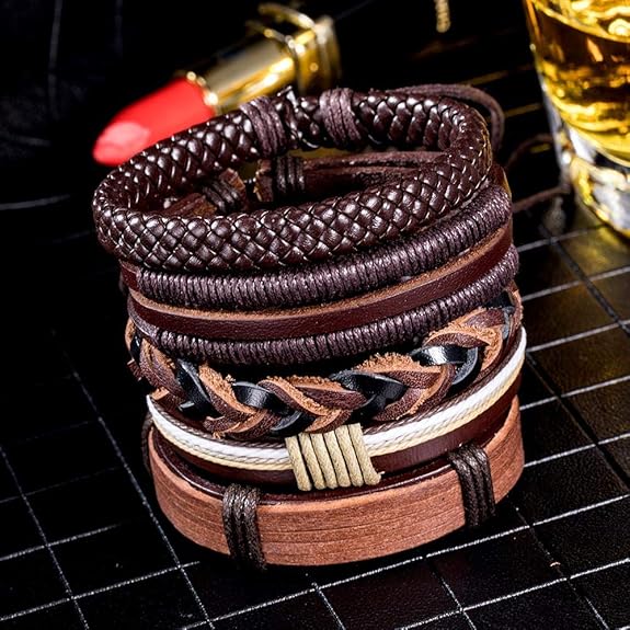 BOUNDEDGE BRACELETS - 5 Pcs Genuine Braided Leather Bracelet Set for Men & Boys (8 inch)