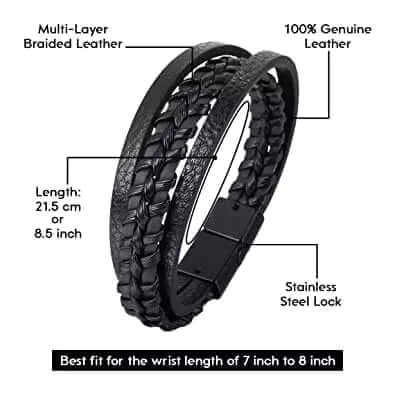 TRI-PLY -  European Style Genuine Leather Bracelet with Multi-Layer Braided, 100% Stainless Steel Magnetic Buckle for Men & Boys (8.5inch)