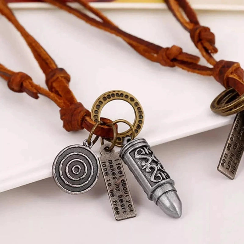 Men's Shooting & Fishing Theme Leather Cord Bullet Necklace