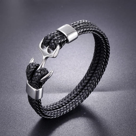 SEAFARER ANCHOR BLACK -  Genuine Leather Double Layer Braided Bracelet with Stainless Steel Anchor Hook for Men & Boys (8 inch)