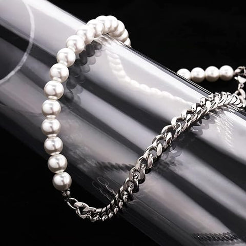 OPULENT ORBIT - Stylish Pearl Necklace with Cuban Chain Fusion Necklaces for Men and Boys (17 Inch)