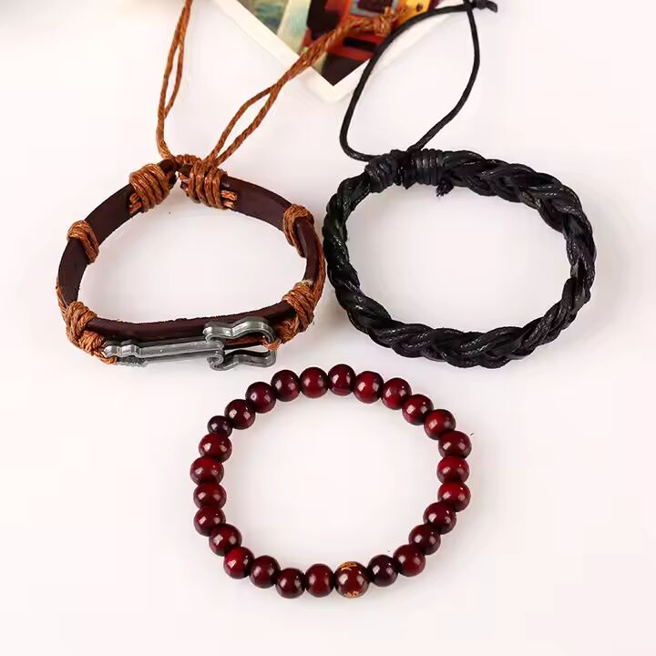 GUITARBOUND -  3 Pcs Genuine Braided Leather Bracelet Set for Men & Boys (8 inch)