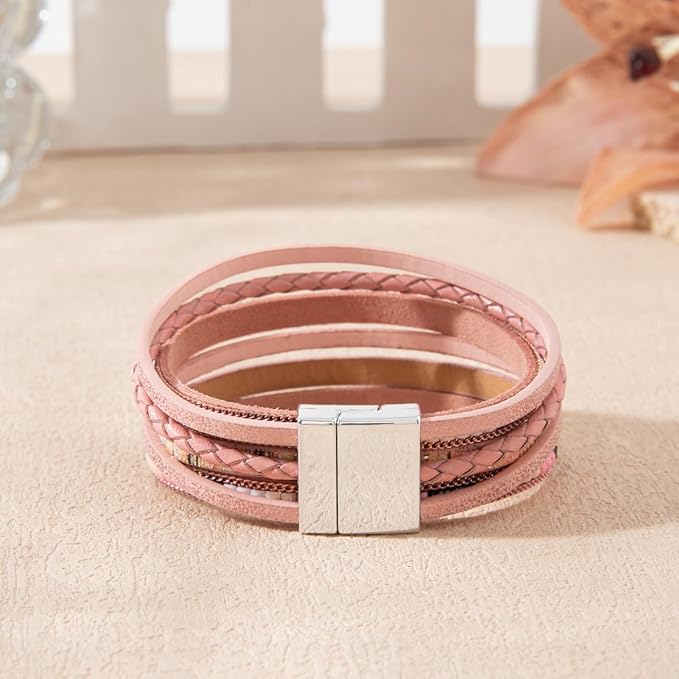 REGALIA - Peach Genuine Braided Leather Bracelet Set for Men & Boys (8 inch)