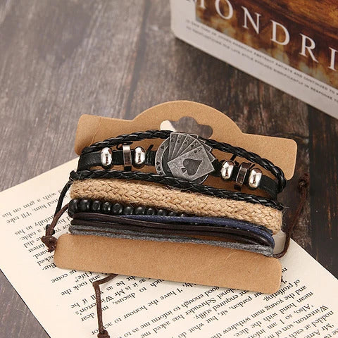 THE GAMBLER’S CUFF - 4 Pcs Genuine Braided Leather Bracelet Set for Men & Boys (8 inch)