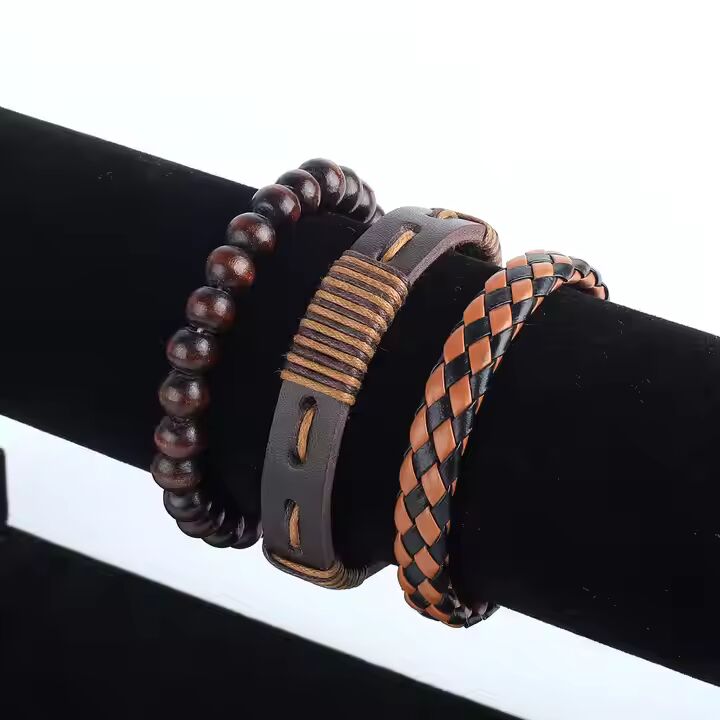 DESERT STORM - 3 Pcs Genuine Braided Leather Bracelet Set for Men & Boys (8 inch)