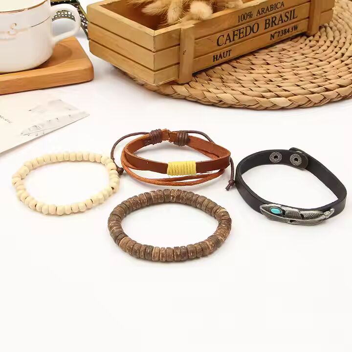 TRIBAL FEATHER STACK -  4 Pcs Genuine Braided Leather Bracelet Set for Men & Boys (8 inch)