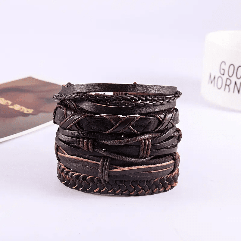 NOMAD KNOTS - 5 Pcs Genuine Braided Leather Bracelet Set for Men & Boys (8 inch)