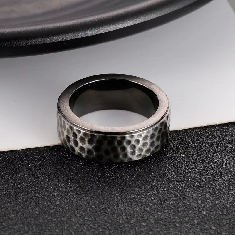 BLACK TITANIUM HAMMERED RING - Silver Ring - Pure Titanium Steel Ring for Men Size - 21