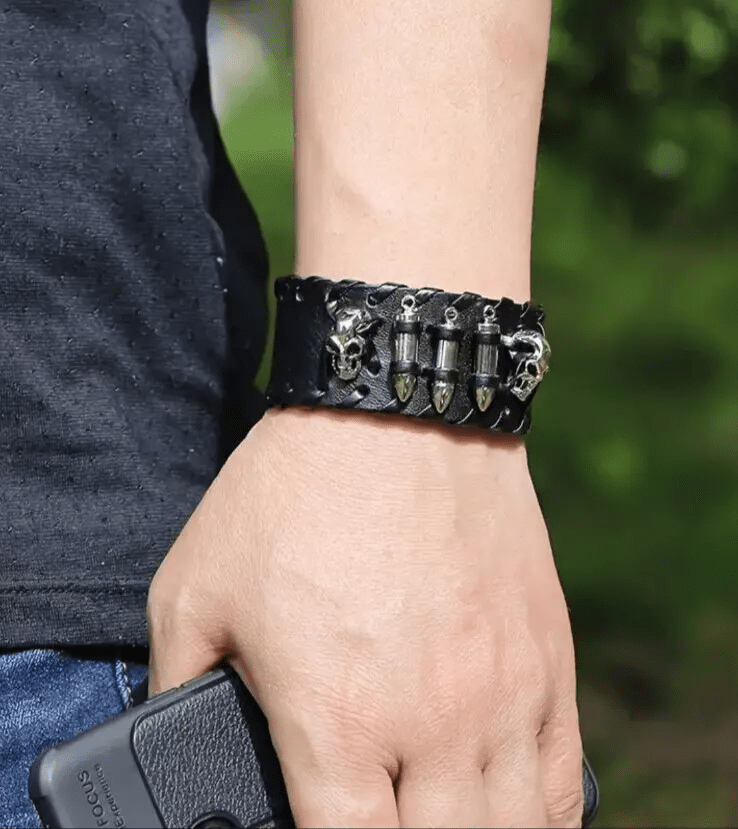 HELLBOUND WARRIOR BLACK BAND - Genuine Braided Leather Bracelet Set for Men & Boys (8 inch)