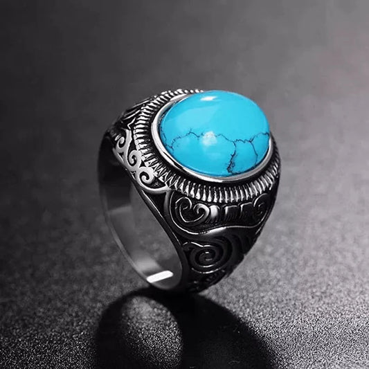 Azure Dreams Titanium Steel Ring - Retro Vintage Blue Stone (Size:  17-21- 24)