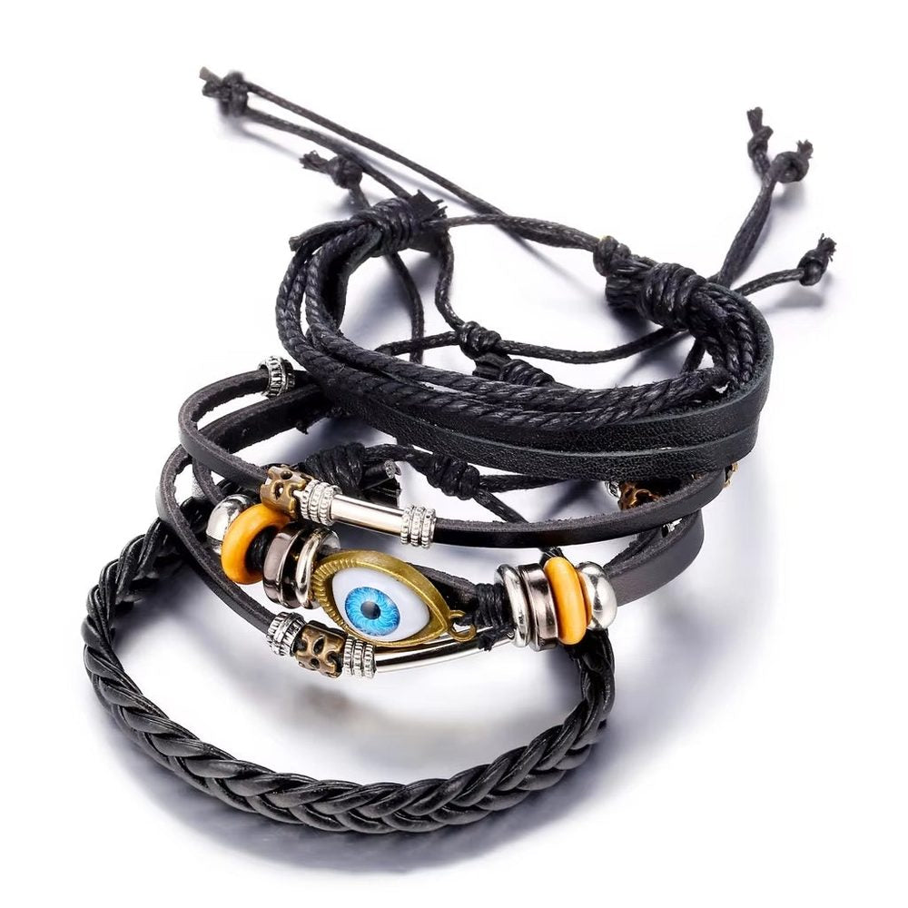 ECLIPSE EYE LEATHER BRACELET - 3 Pcs Genuine Braided Leather Bracelet Set for Men & Boys (8 inch)