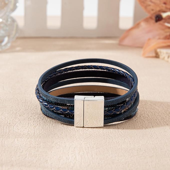 REGALIA - Navy Genuine Braided Leather Bracelet Set for Men & Boys (8 inch)