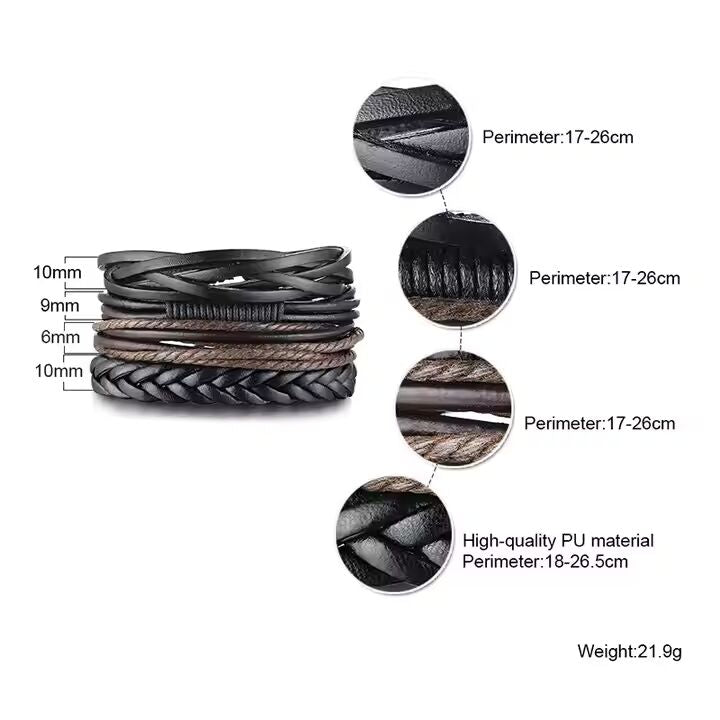 GLADIATOR BAND  - 4 Pcs Genuine Braided Leather Bracelet Set for Men & Boys (8 inch)