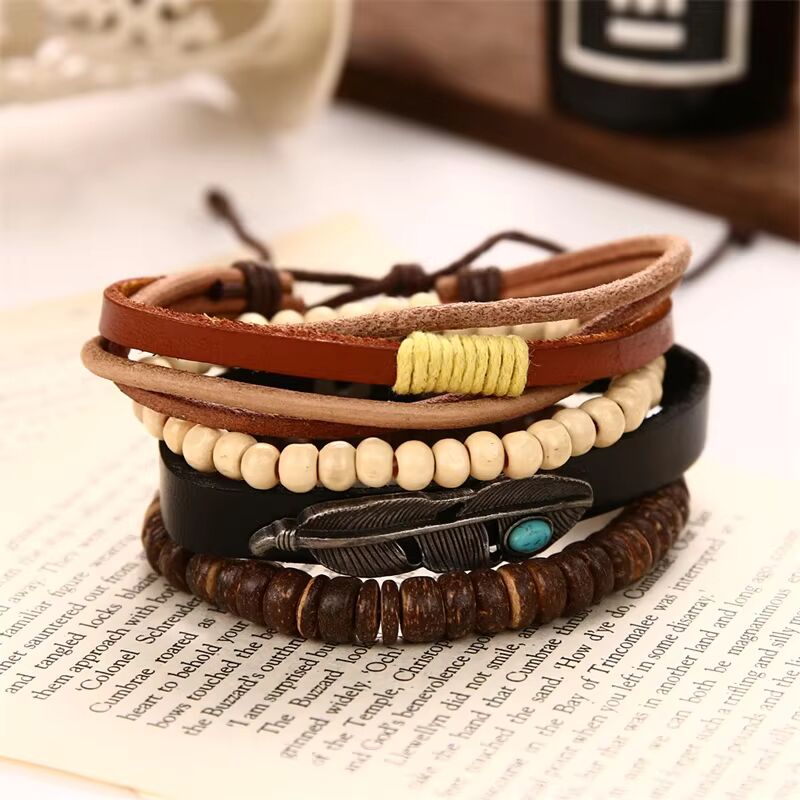 TRIBAL FEATHER STACK -  4 Pcs Genuine Braided Leather Bracelet Set for Men & Boys (8 inch)