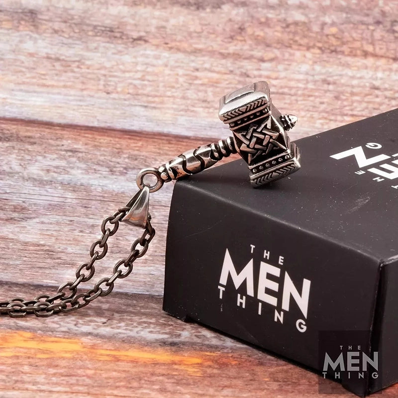 THE MEN THING Pendant for Men - Pure 316L Stainless Steel Vintage Viking Thor's Hammer Rune Necklace with 25.5 inch Chain for Men & Boys