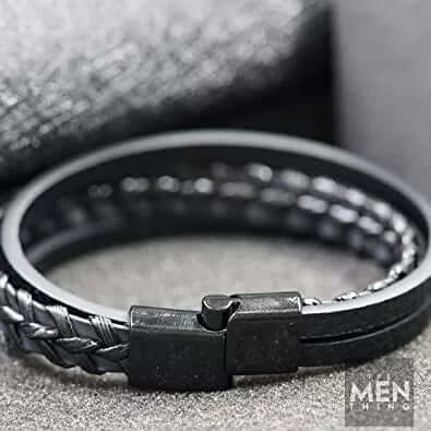 TRI-PLY -  European Style Genuine Leather Bracelet with Multi-Layer Braided, 100% Stainless Steel Magnetic Buckle for Men & Boys (8.5inch)