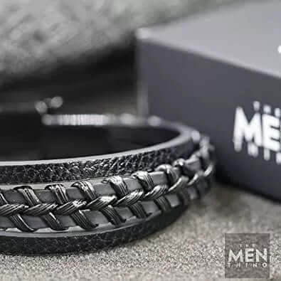 TRI-PLY -  European Style Genuine Leather Bracelet with Multi-Layer Braided, 100% Stainless Steel Magnetic Buckle for Men & Boys (8.5inch)