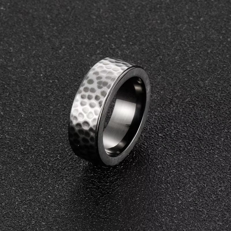 BLACK TITANIUM HAMMERED RING - Silver Ring - Pure Titanium Steel Ring for Men Size - 21