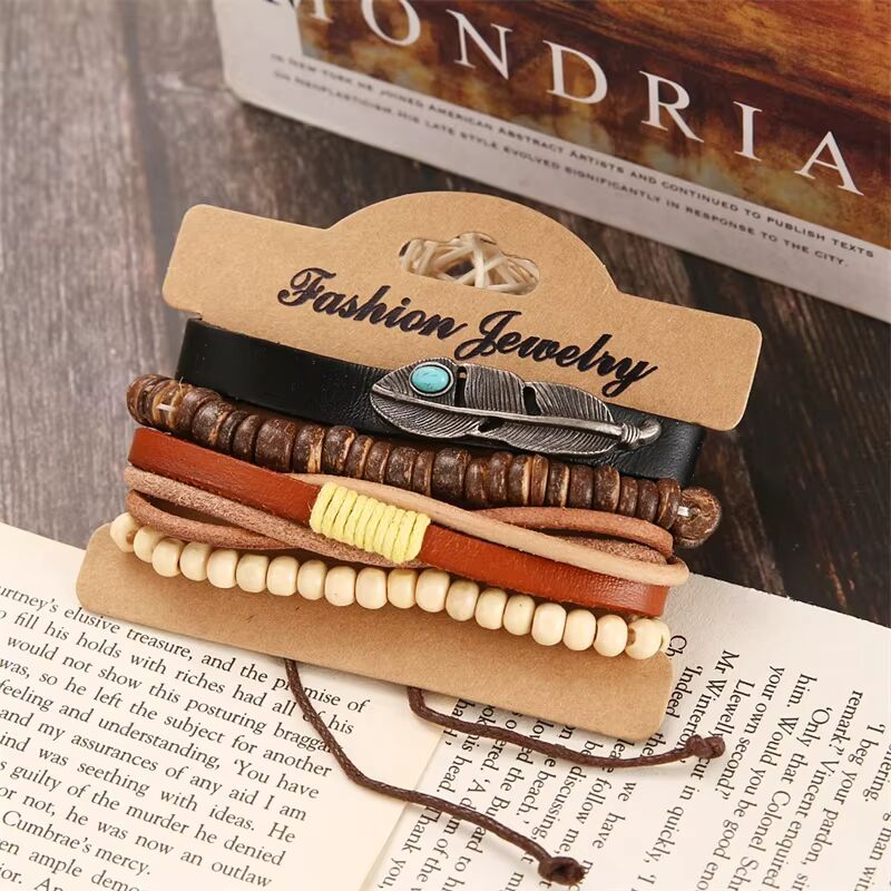 TRIBAL FEATHER STACK -  4 Pcs Genuine Braided Leather Bracelet Set for Men & Boys (8 inch)