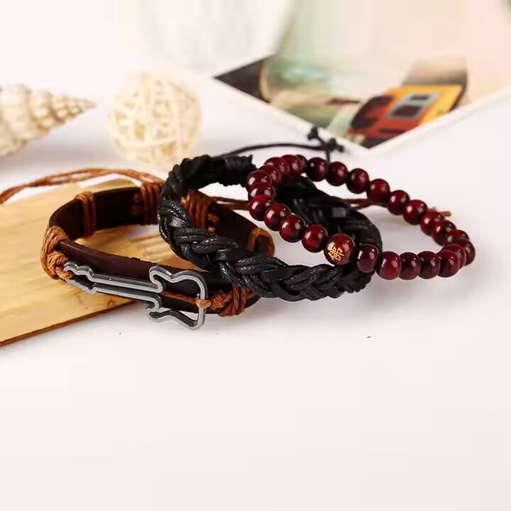 GUITARBOUND -  3 Pcs Genuine Braided Leather Bracelet Set for Men & Boys (8 inch)