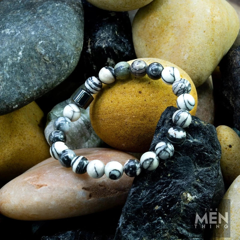 THE MEN THING Natural Beads Bracelet for Men - Become Money Magnet - Grey Jasper Stone Colorful 7 Chakra Energy Stretch Bracelet (7inch)