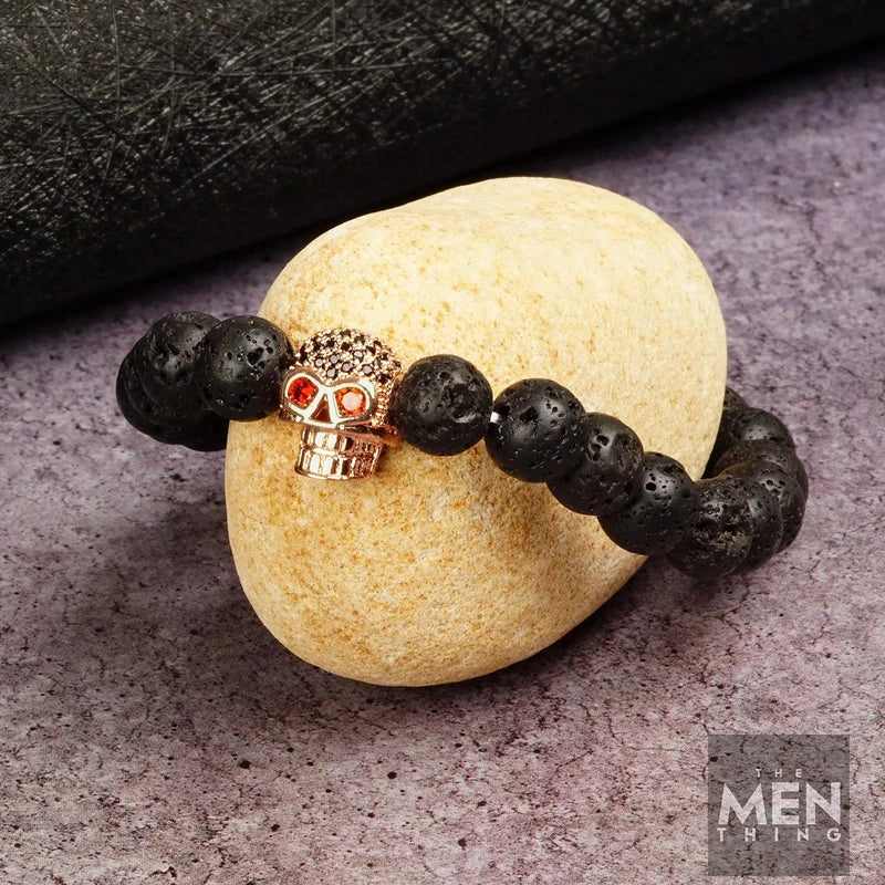 THE MEN THING Natural Beads Bracelet for Men - Become Money Magnet - Rose Gold Skull Red Eye Stone Colorful 7 Chakra Energy Stretch Bracelet (7inch)