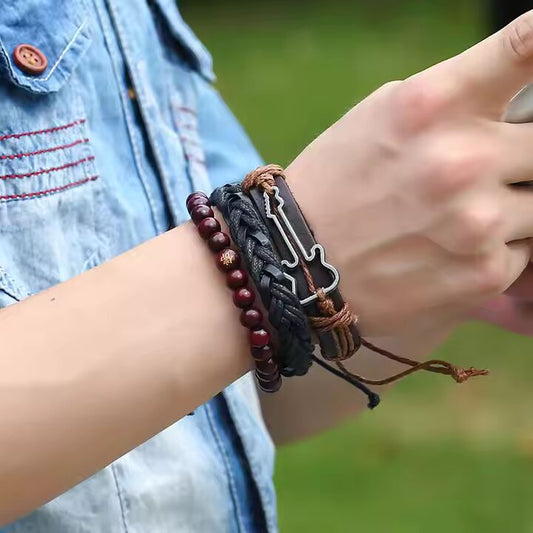 GUITARBOUND -  3 Pcs Genuine Braided Leather Bracelet Set for Men & Boys (8 inch)