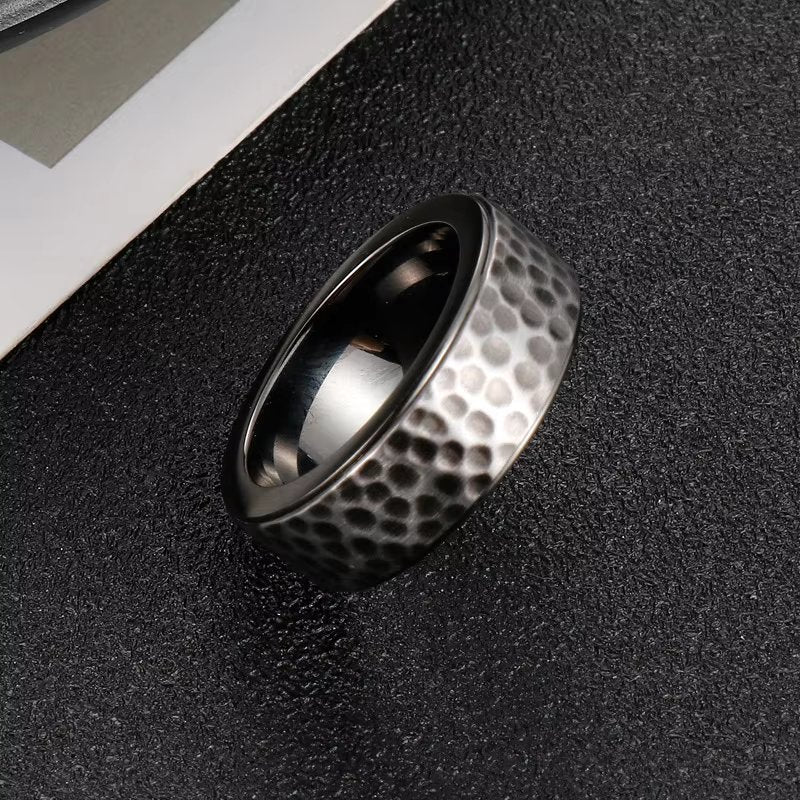 BLACK TITANIUM HAMMERED RING - Silver Ring - Pure Titanium Steel Ring for Men Size - 21