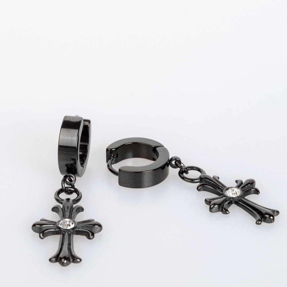 CROSS CIRCLE BLACK - Titanium Steel Hoop Earrings for Men & Boys