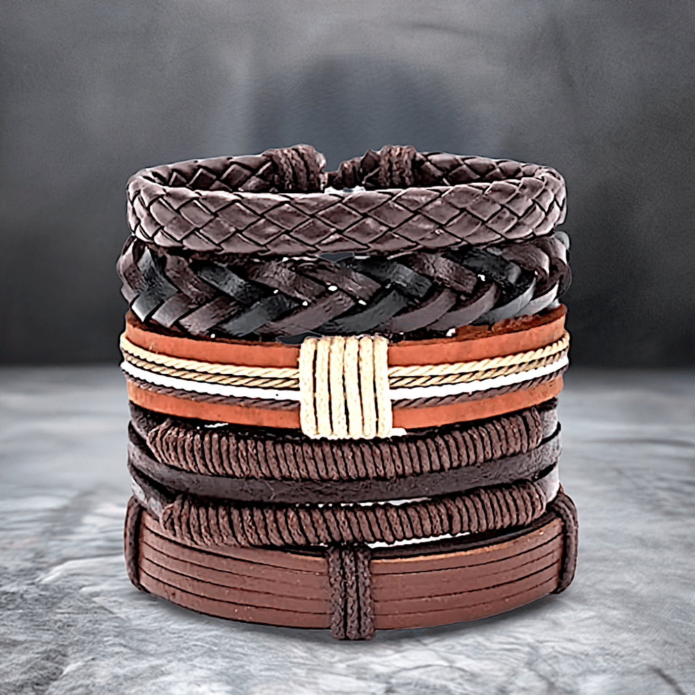 BOUNDEDGE BRACELETS - 5 Pcs Genuine Braided Leather Bracelet Set for Men & Boys (8 inch)