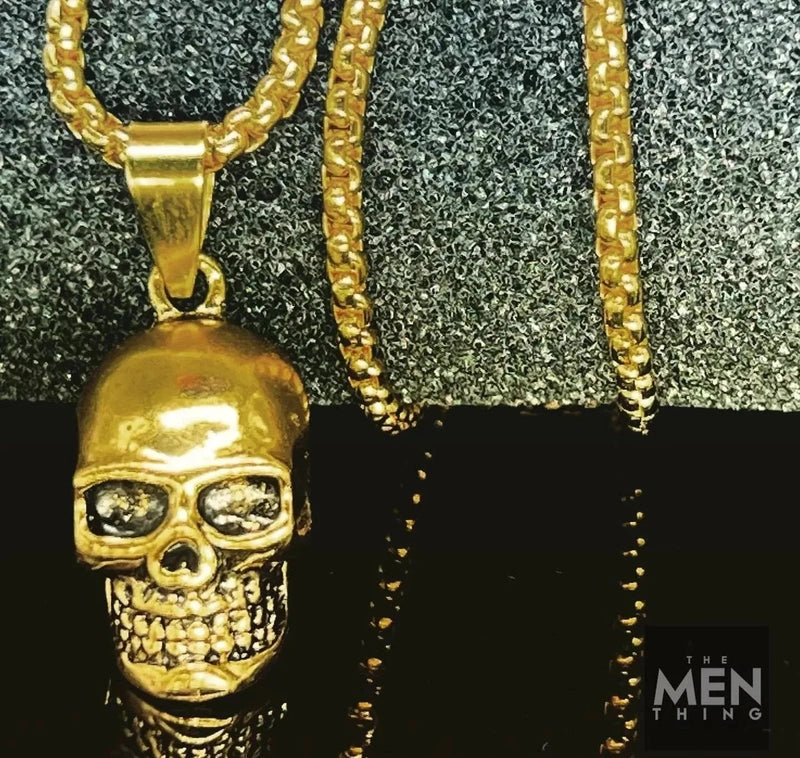 THE MEN THING Alloy Gold Skull Pendant with Pure Stainless Steel 24inch Chain for Men, European trending Style - Round Box Chain & Pendant for Men & Boy