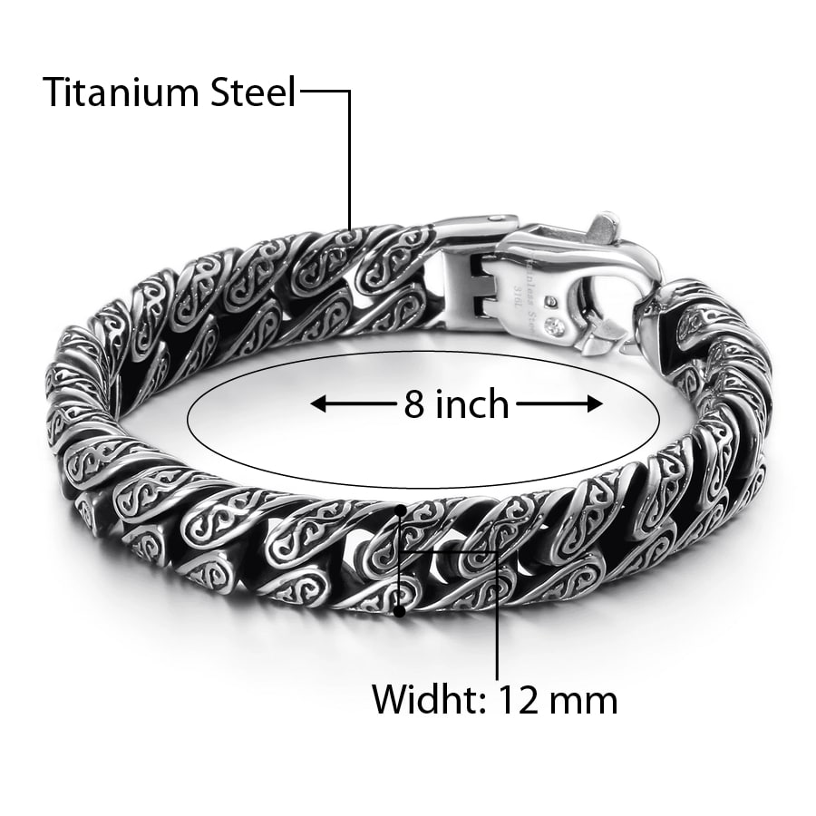 EGYPTIAN ANKH - 12mm Pure Titanium Steel Bracelet, Curb Chain Bracelet with Lobster Claw Buckle for Men & Boy (8inch)