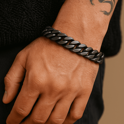 GRAVITAS LINK- 11.5mm Pure Black Titanium Steel Bracelet with Push Button Clasp for Men & Boy (8 inch)
