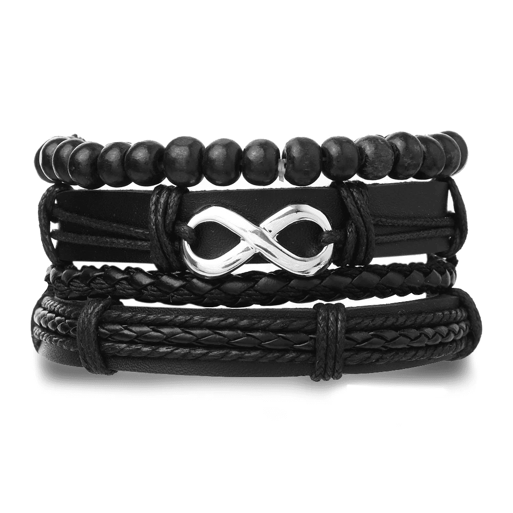 QUADRA-FUSION INFINITY SILVER - 4 Pcs Black Genuine Braided Leather Bracelet Set, Tribal Woven Ethnic Wrap Infinity Bracelet for Men & Boys (8 inch)