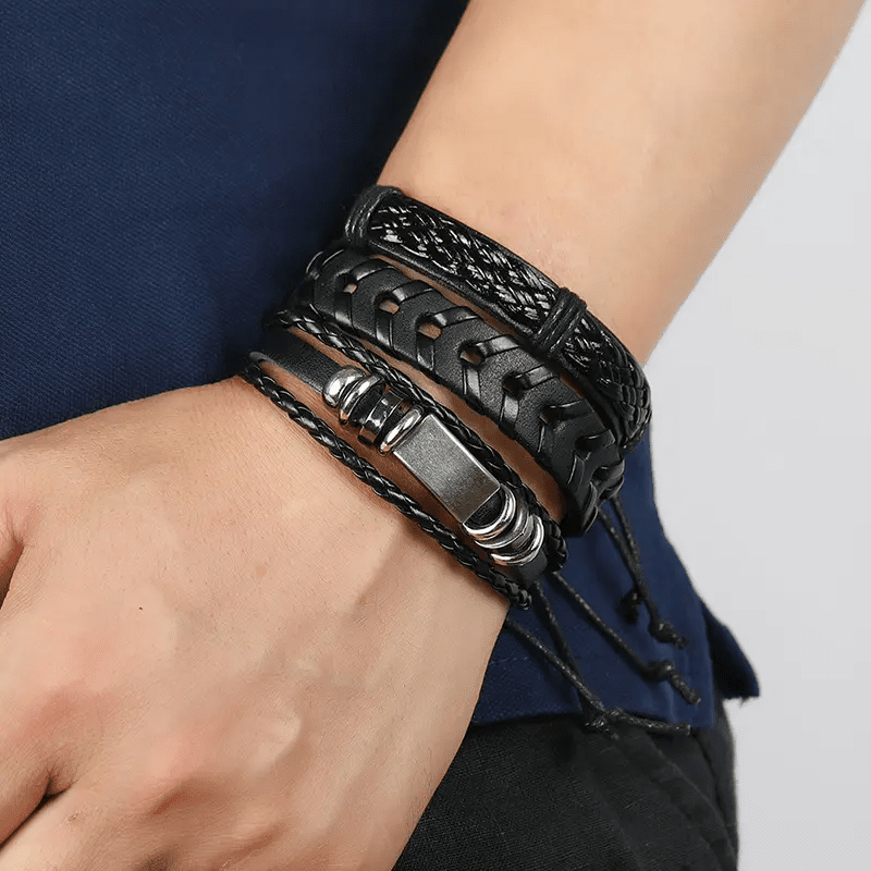 DRIFTWOOD WRAP - 6 Pcs Genuine Braided Leather Bracelet Set for Men & Boys (8 inch)