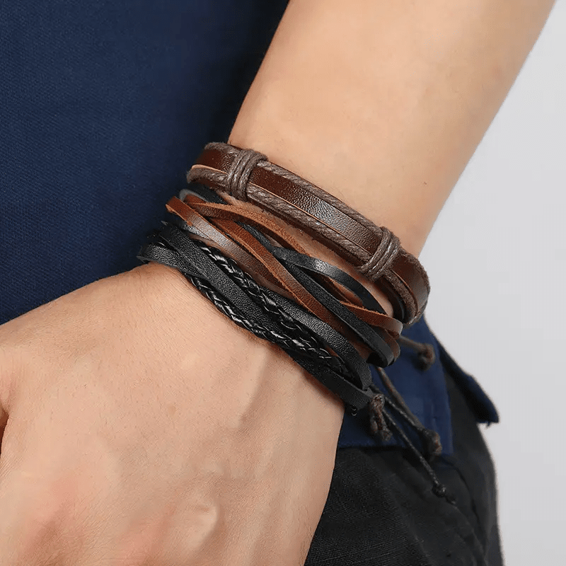 DRIFTWOOD WRAP - 6 Pcs Genuine Braided Leather Bracelet Set for Men & Boys (8 inch)