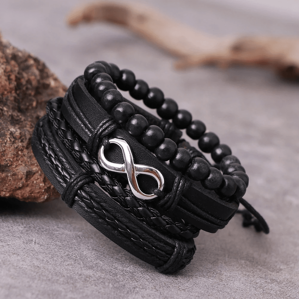 QUADRA-FUSION INFINITY SILVER - 4 Pcs Black Genuine Braided Leather Bracelet Set, Tribal Woven Ethnic Wrap Infinity Bracelet for Men & Boys (8 inch)