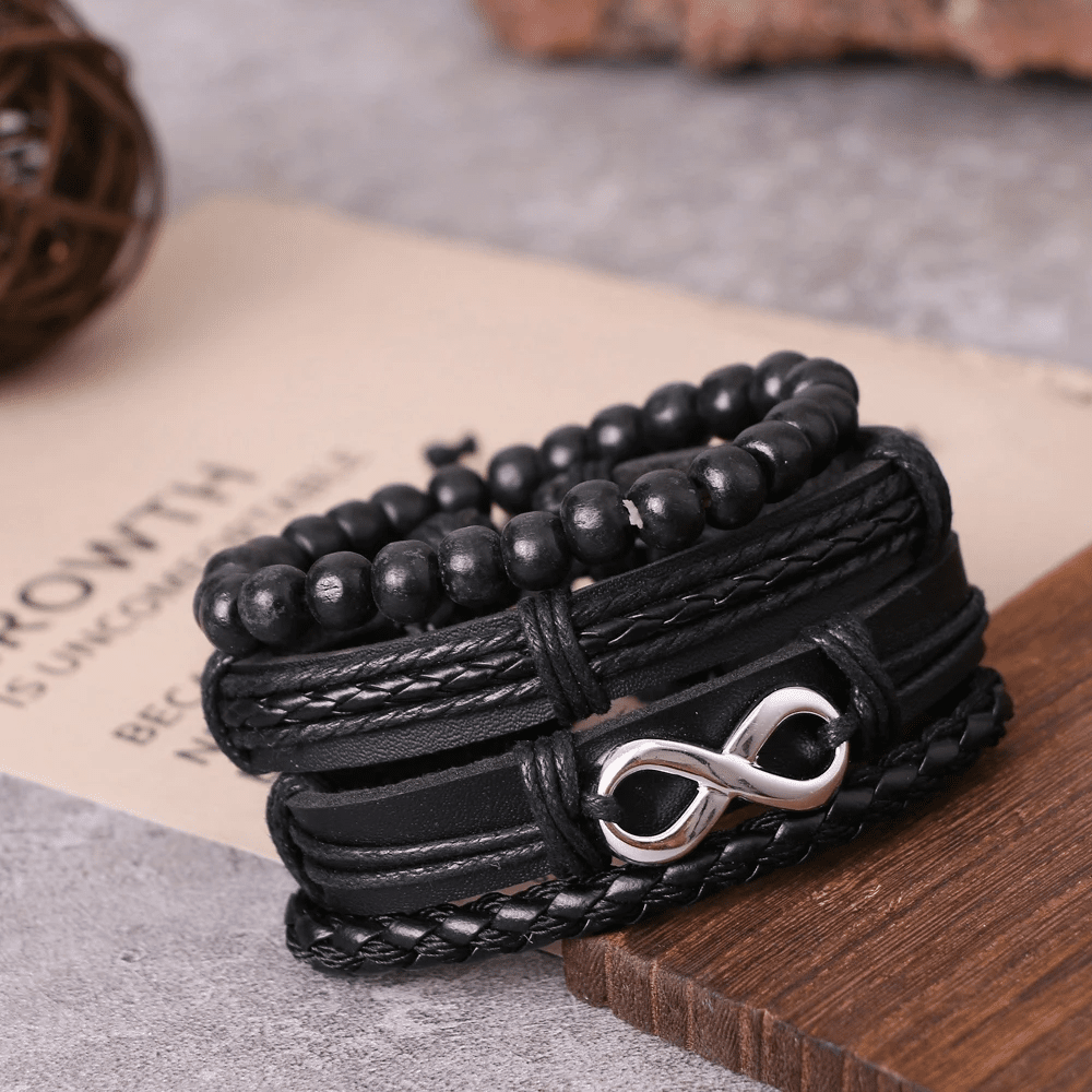 QUADRA-FUSION INFINITY SILVER - 4 Pcs Black Genuine Braided Leather Bracelet Set, Tribal Woven Ethnic Wrap Infinity Bracelet for Men & Boys (8 inch)